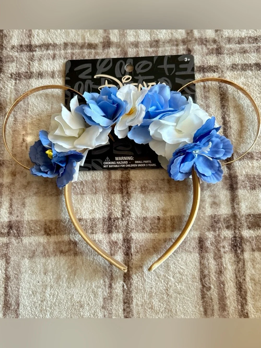 Disney Floral Mickey Mouse Ears Headband Blue White Gold Flower Accents Minnie